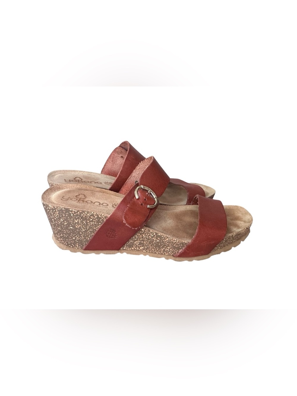 Yokono Rust Red Leather Cork Wedge Sandals Double Straps Size 9